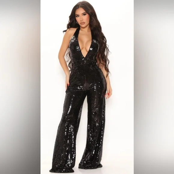 Black Glitter Halter Jumpsuit - Picture 1 of 7